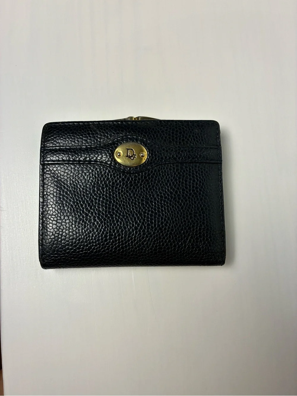 Vintage Dior Black Leather Compact Wallet with Gold Tone Hardware